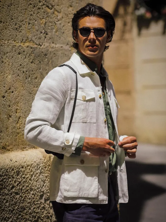 JMcLaughlin Brando Linen Safari Jacket In Herringbone Off White Men Jackets and Outerwear