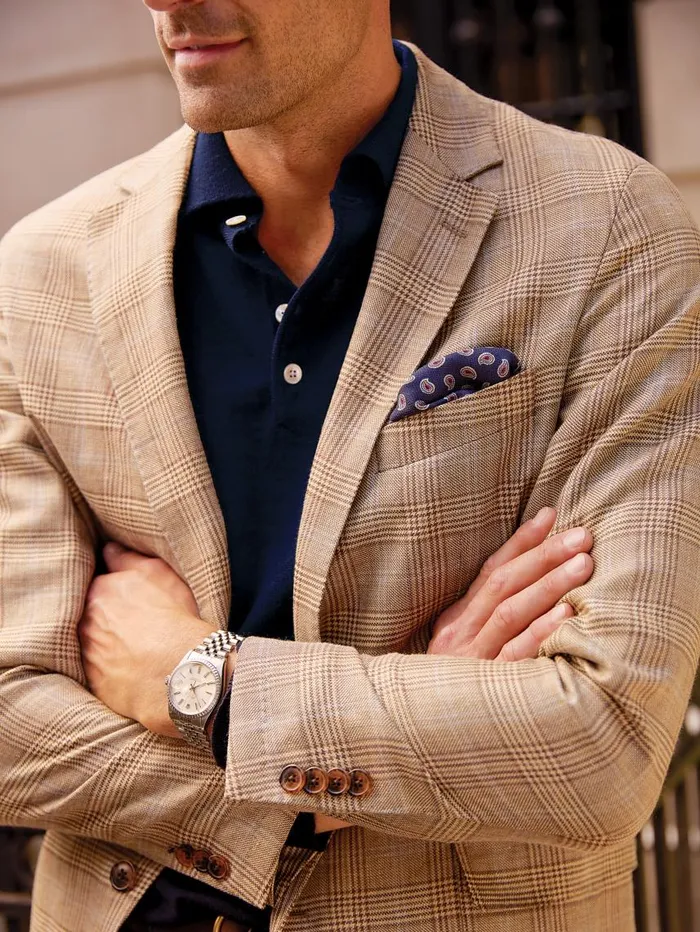 JMcLaughlin McCown Linen and Wool Sport Coat In Glen Plaid Tanbrownblue Men Jackets and Outerwear