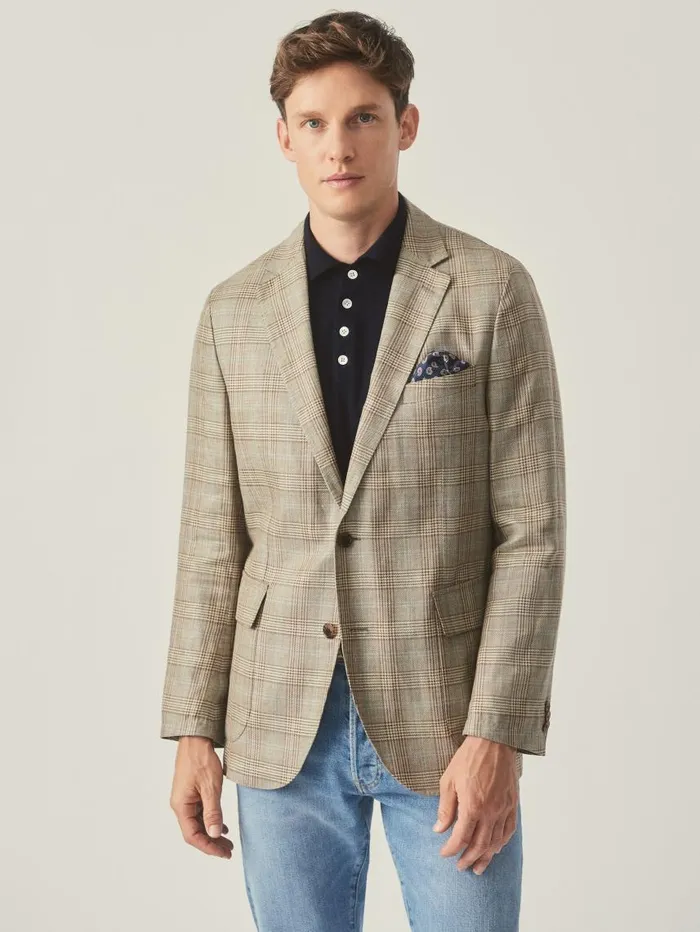 JMcLaughlin McCown Linen and Wool Sport Coat In Glen Plaid Tanbrownblue Men Jackets and Outerwear JMcLaughlin McCown Linen and Wool Sport Coat In Glen Plaid Tanbrownblue Men Jackets and Outerwear