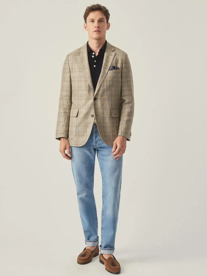 JMcLaughlin McCown Linen and Wool Sport Coat In Glen Plaid Tanbrownblue Men Jackets and Outerwear JMcLaughlin McCown Linen and Wool Sport Coat In Glen Plaid Tanbrownblue Men Jackets and Outerwear