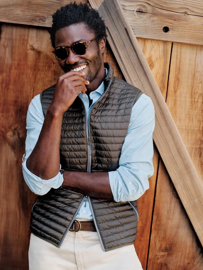JMcLaughlin Traveler Quilted Vest Dark Olive Men Jackets and Outerwear