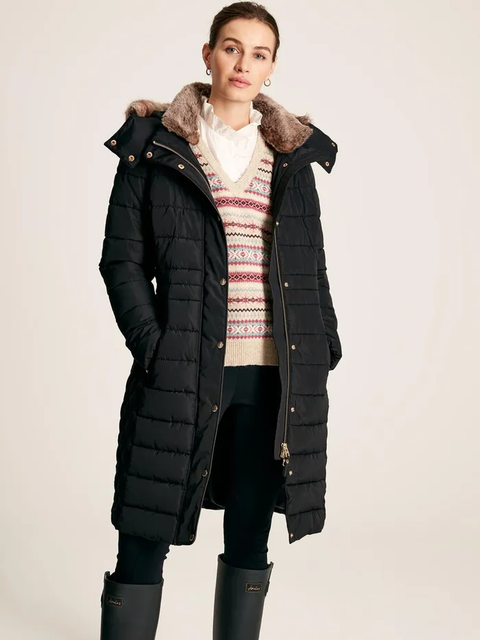 Joules Coats and Jackets Black Showerproof Longline Padded Coat 8211 Women