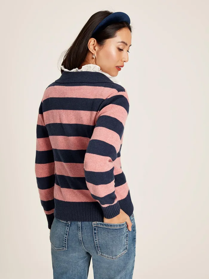 Joules Knitwear Navy Blue Striped V Neck Jumper With Collar 8211 Women