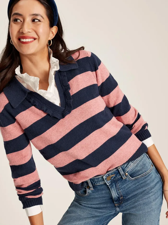 Joules Knitwear Navy Blue Striped V Neck Jumper With Collar 8211 Women