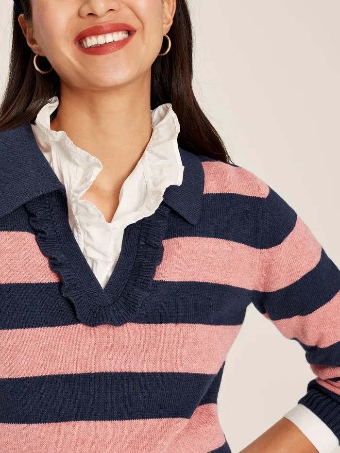 Joules Knitwear Navy Blue Striped V Neck Jumper With Collar 8211 Women