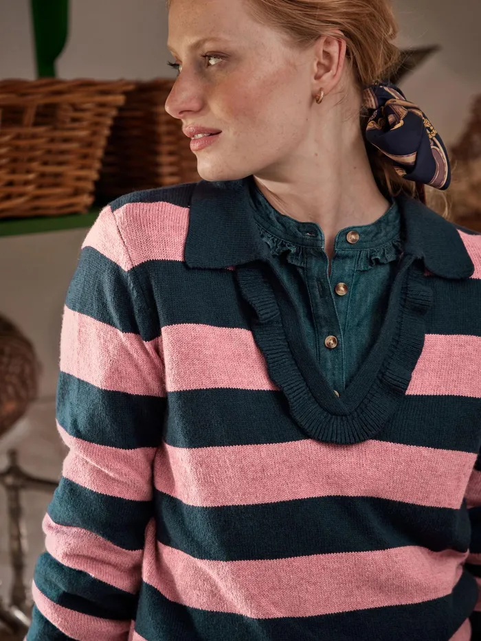 Joules Knitwear Navy Blue Striped V Neck Jumper With Collar 8211 Women