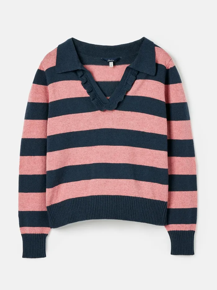 Joules Knitwear Navy Blue Striped V Neck Jumper With Collar 8211 Women