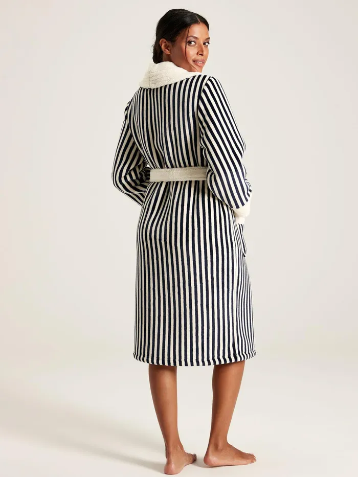 Joules Nightwear Navy Stripe Fleece Lined Striped Dressing Gown With Hood 8211 Women