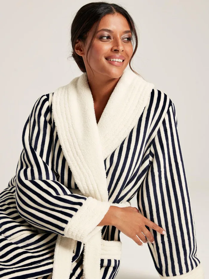 Joules Nightwear Navy Stripe Fleece Lined Striped Dressing Gown With Hood 8211 Women