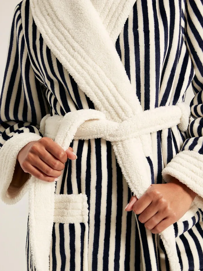 Joules Nightwear Navy Stripe Fleece Lined Striped Dressing Gown With Hood 8211 Women