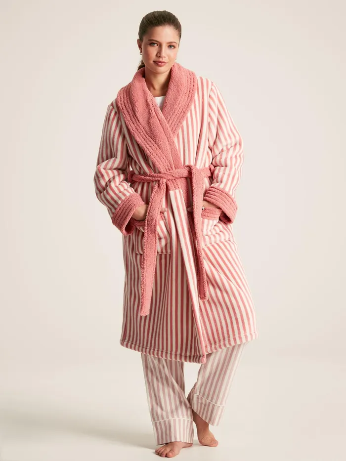 Joules Nightwear Pink Fleece Lined Striped Dressing Gown With Hood 8211 Women