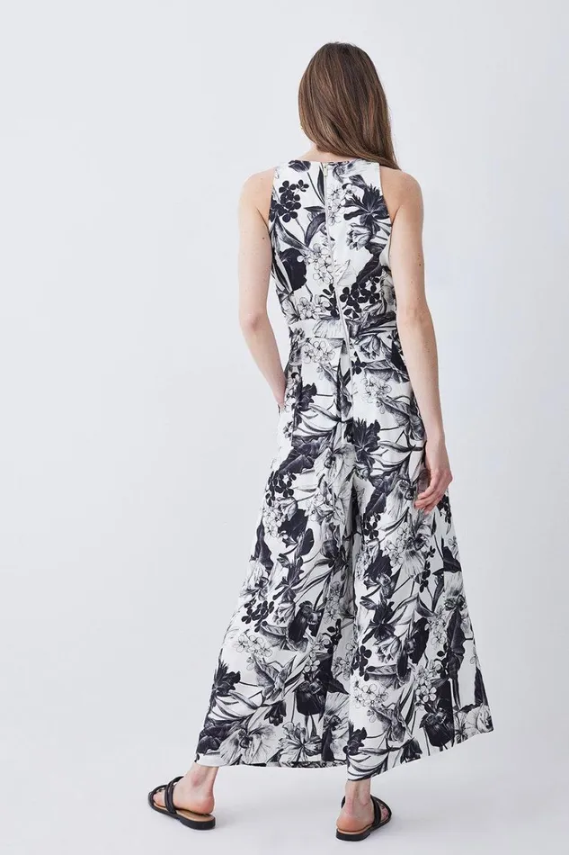 Jumpsuits Women Karen Millen Batik Floral Premium Linen Viscose Halter Woven Jumpsuit Mono