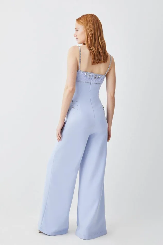 Jumpsuits Women Karen Millen Embellished Strappy Wide Leg Woven Jumpsuit Blue