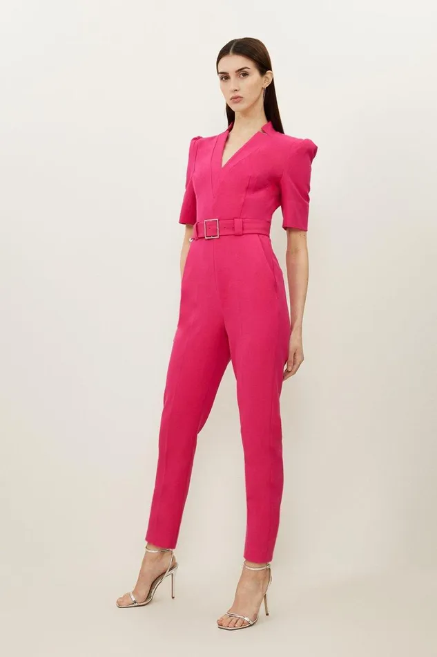 Jumpsuits Women Karen Millen Forever Belted Notch Neck Tailored Jumpsuit Fuchsia