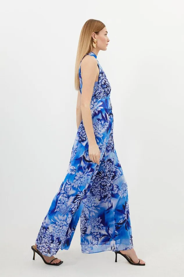 Jumpsuits Women Karen Millen Petite Blue Floral Georgette Woven Halter Pleated Jumpsuit Blue