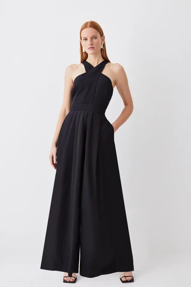 Jumpsuits Women Karen Millen Premium Linen Viscose Halter Woven Jumpsuit Black