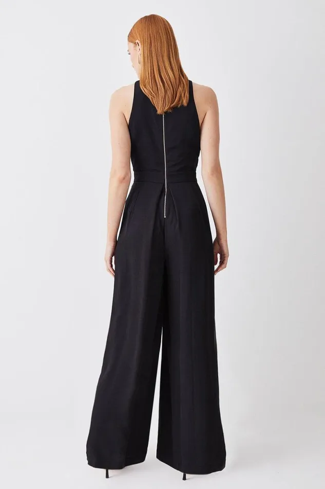 Jumpsuits Women Karen Millen Premium Linen Viscose Halter Woven Jumpsuit Black