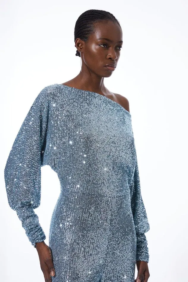 Jumpsuits Women Karen Millen Stretch Jersey Sequin Wide Leg Jumpsuit Blue