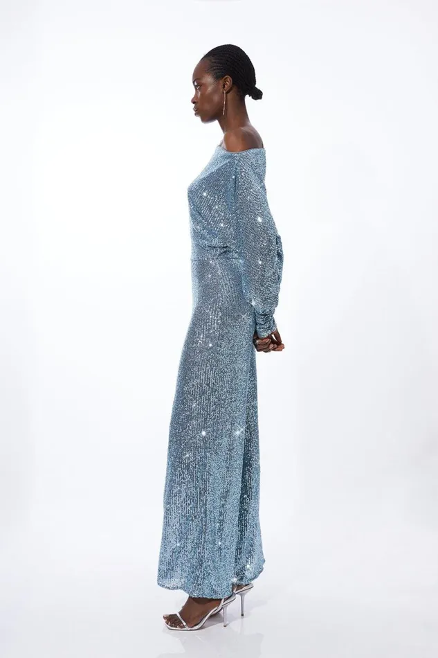 Jumpsuits Women Karen Millen Stretch Jersey Sequin Wide Leg Jumpsuit Blue