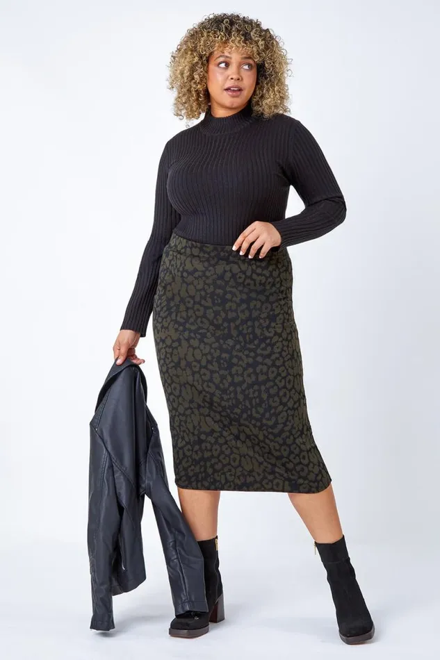 Khaki Curve Animal Print Elastic Waist Midi Skirt Women Roman Skirts