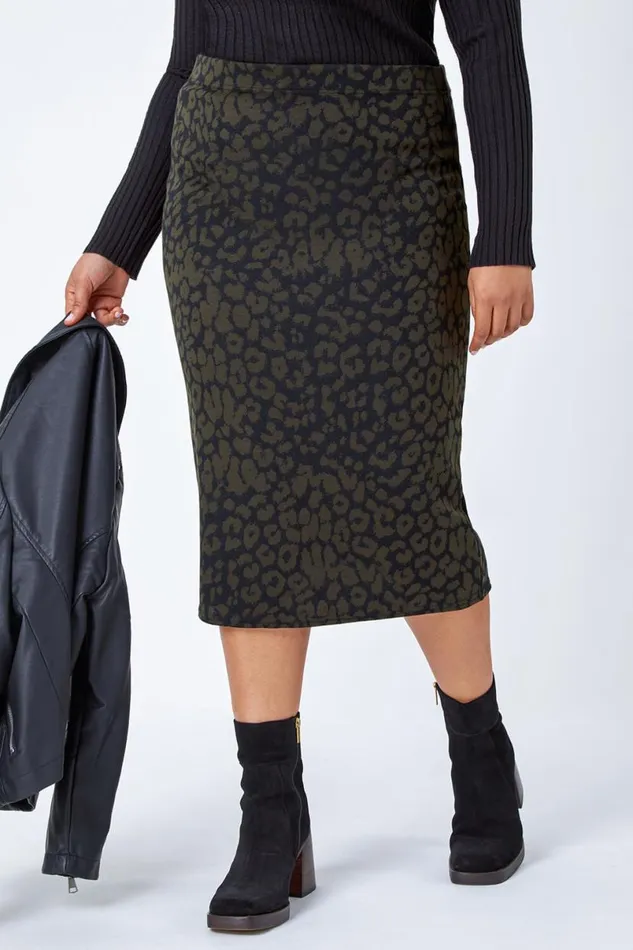 Khaki Curve Animal Print Elastic Waist Midi Skirt Women Roman Skirts