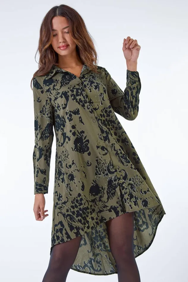 Khaki Oversized Animal Print Shirt Dress Women Roman Dresses