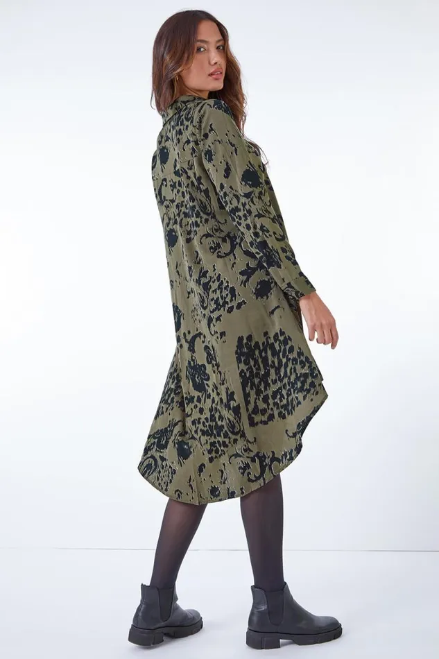 Khaki Oversized Animal Print Shirt Dress Women Roman Dresses
