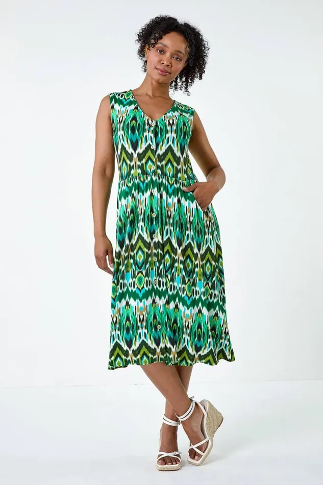 Khaki Petite Aztec Button Stretch Midi Dress Women Roman Dresses