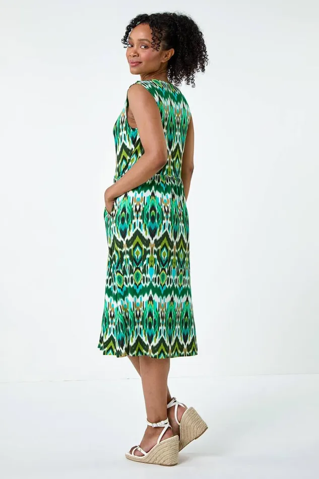 Khaki Petite Aztec Button Stretch Midi Dress Women Roman Dresses