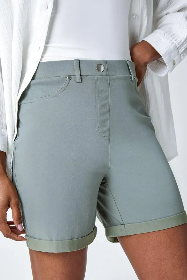Khaki Stretch Elastic Waist Turn Up Shorts Women Roman Shorts