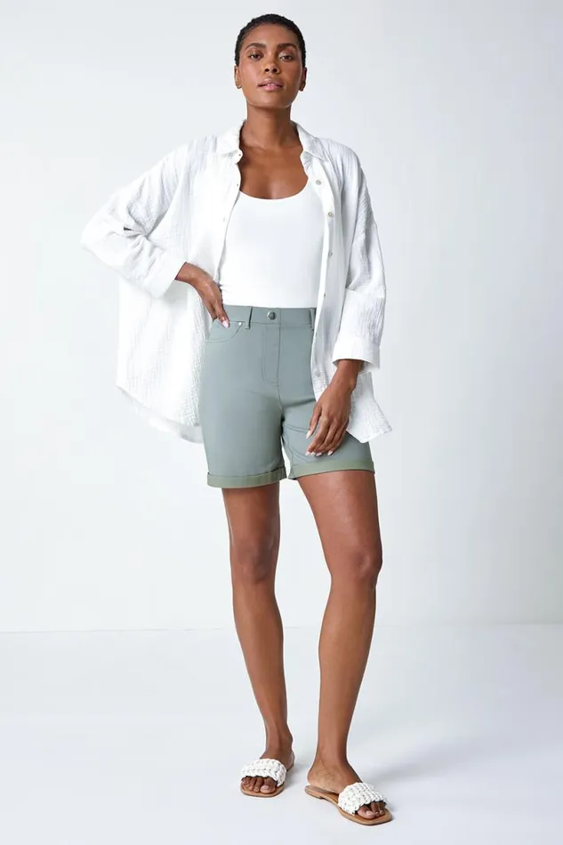 Khaki Stretch Elastic Waist Turn Up Shorts Women Roman Shorts