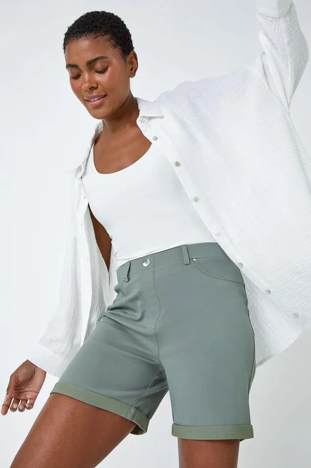 Khaki Stretch Elastic Waist Turn Up Shorts Women Roman Shorts