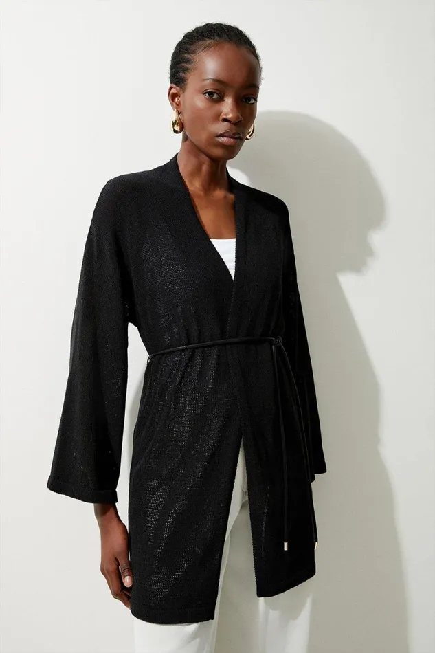 Knitwear Women Karen Millen Corded Cotton Blend Knit Edge To Edge Cardi Black