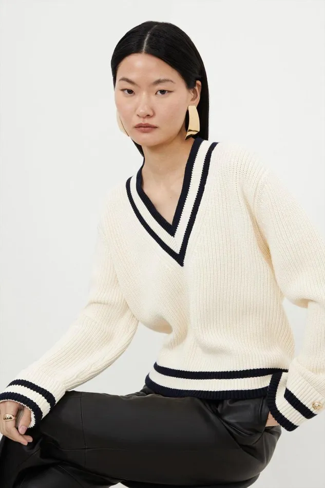 Knitwear Women Karen Millen Cotton V Neck Knit Boxy Jumper Cream