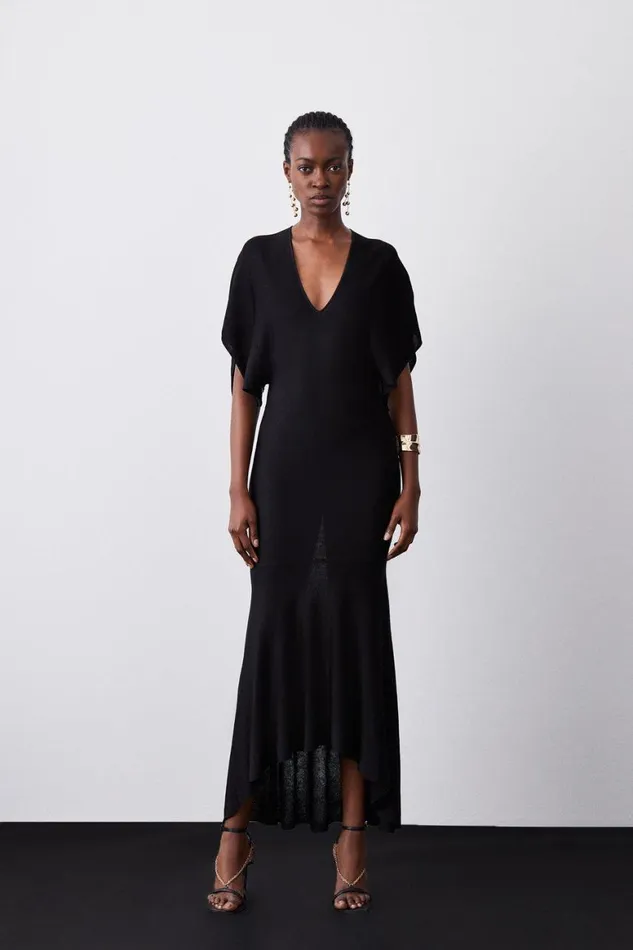 Knitwear Women Karen Millen Slinky Knit Kimono Sleeve V Neck High Low Midaxi Dress Black