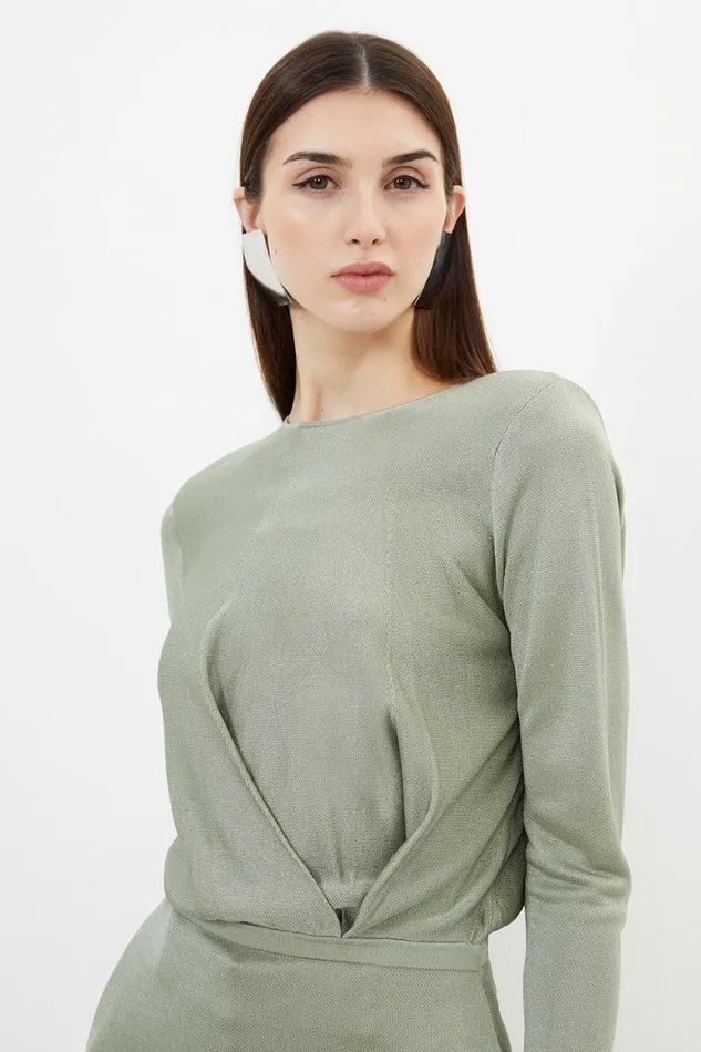 Knitwear Women Karen Millen Slinky Viscose Knit Blouson Pin Tuck Top Sage
