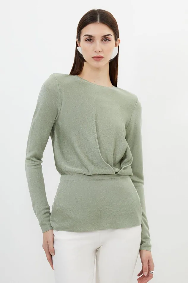 Knitwear Women Karen Millen Slinky Viscose Knit Blouson Pin Tuck Top Sage