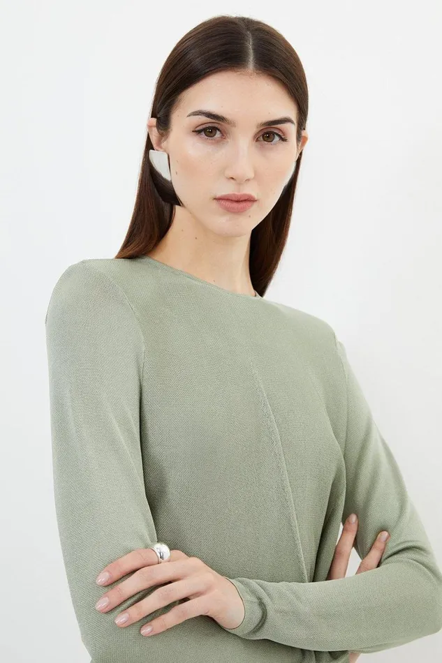 Knitwear Women Karen Millen Slinky Viscose Knit Blouson Pin Tuck Top Sage