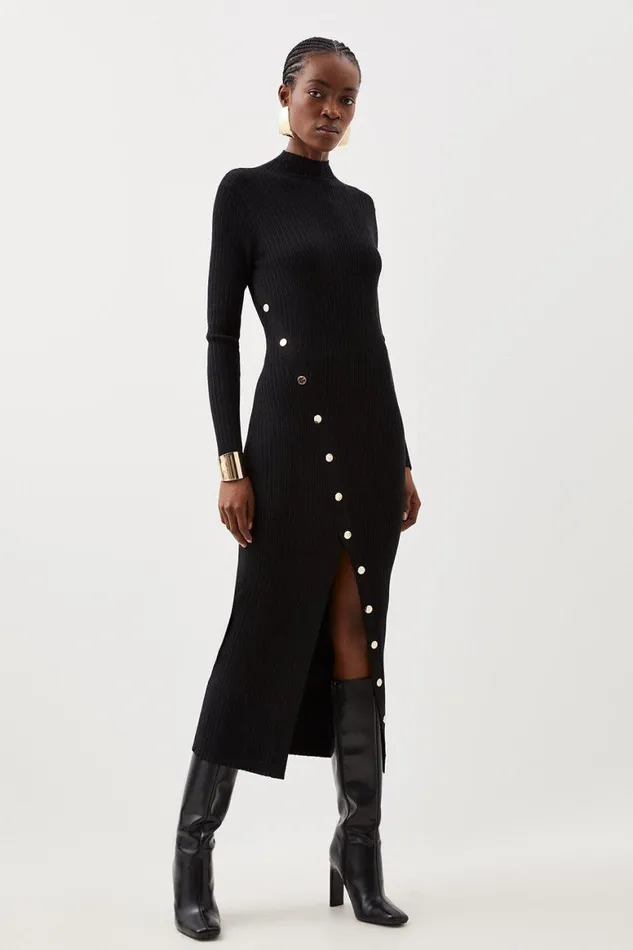 Knitwear Women Karen Millen Viscose Blend Popper Detail Split Knit Midaxi Dress Black