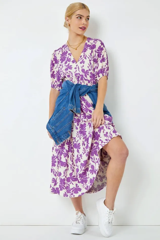 Lavender Floral Tiered Midi Smock Dress Women Roman Dresses