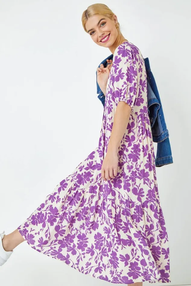 Lavender Floral Tiered Midi Smock Dress Women Roman Dresses