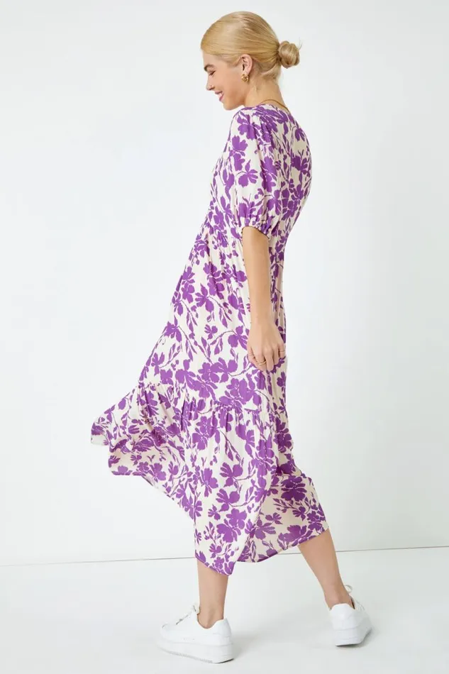 Lavender Floral Tiered Midi Smock Dress Women Roman Dresses