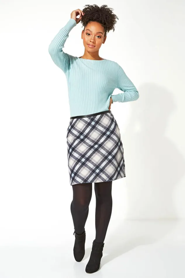 Light Blue Checked Short Skirt Women Roman Skirts