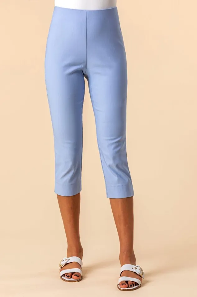 Light Blue Elastic Waist Stretch Cropped Trousers Women Roman Occasionwear
