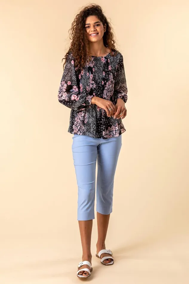 Light Blue Elastic Waist Stretch Cropped Trousers Women Roman Occasionwear