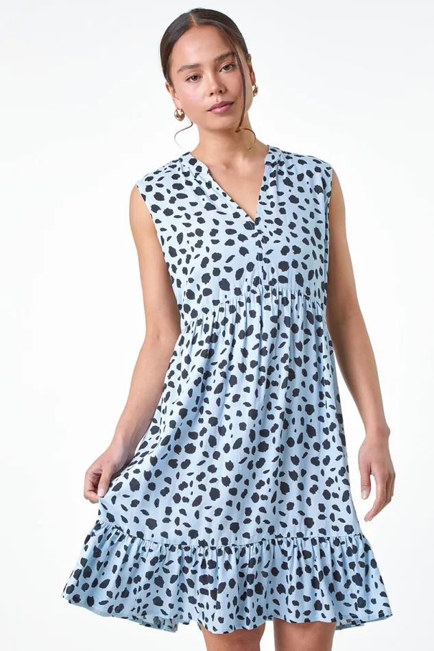 Light Blue Petite Spot Print Tiered Tunic Dress Women Roman Dresses