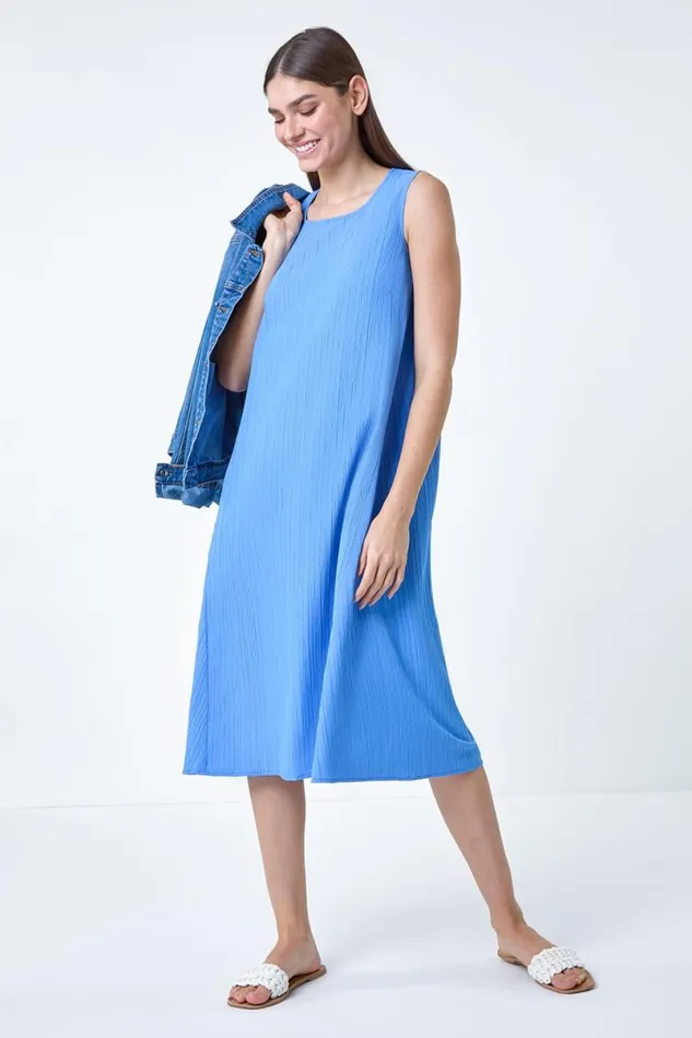 Light Blue Textured Sleeveless Midi Dress Women Roman Dresses
