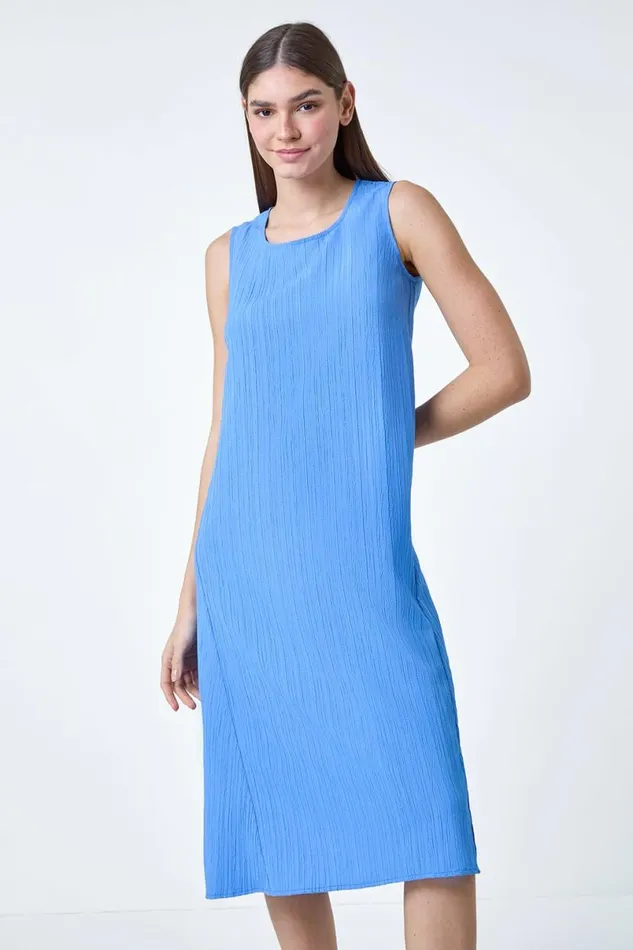 Light Blue Textured Sleeveless Midi Dress Women Roman Dresses