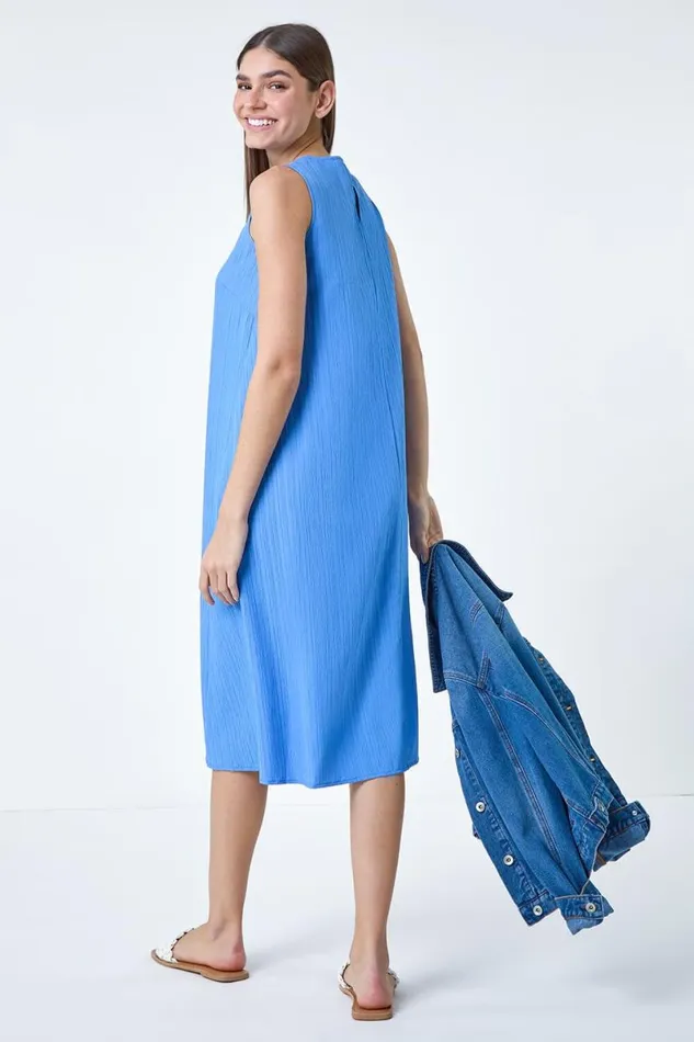 Light Blue Textured Sleeveless Midi Dress Women Roman Dresses