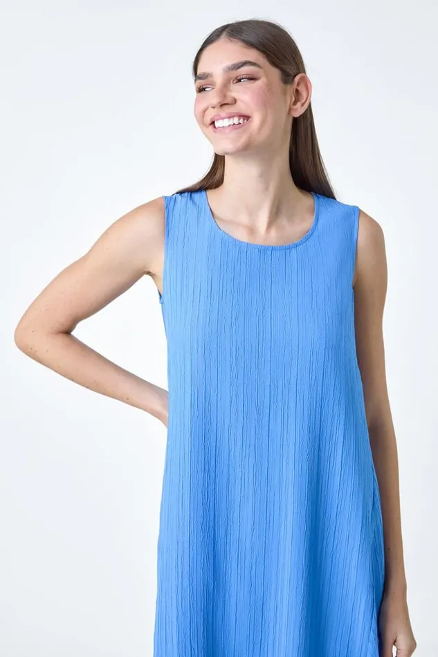 Light Blue Textured Sleeveless Midi Dress Women Roman Dresses